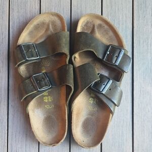 Birkenstock Olive Leather Slide Sandals